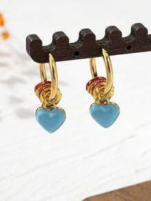 1 Cặp bông tai tròn hình học tráng men nhiều màu Macaroon hợp kim đồng, bông tai thời trang đa năng cho nữ, bông tai tự làm có thể kết hợp tự do, quà tặng Ngày của Mẹ - Trái tim màu xanh nhạt - Xem 3