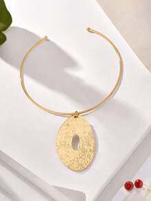 1 件金色大椭圆形徽章袖口颈链女士项链 - 大橢圓項圈 - 查看 5