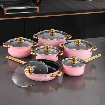 12-Piece Colorful Non-Stick Cookware Set With Gold-Plated Handles | Stainless Steel Soup Pot Included, Pink