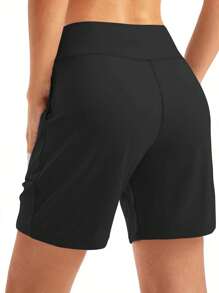 1 pieza Short de yoga de cintura alta y control de abdomen elástico talla grande para mujeres, casual y con estilo con bolsillos, mallas para entrenamiento al aire libre