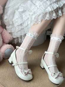 1 par de calcetines a rayas verticales con encaje y perlas decorativas, estilo japonés, para mujer