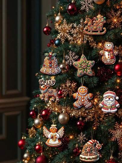 48/12 peças de enfeites decorativos de Natal para pendurar, Papai Noel de desenho animado, pentagrama, anjo, boneco de gengibre, trenó de rena e outros padrões, decorações penduradas em formato de biscoito, artigos de Natal, enfeites para árvores de Natal, decorações de Natal, adequados para festas de Natal, festas temáticas, lembrancinhas de Natal