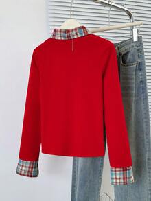 女士二合一格子马球领红色长袖拉绒修身打底上衣
