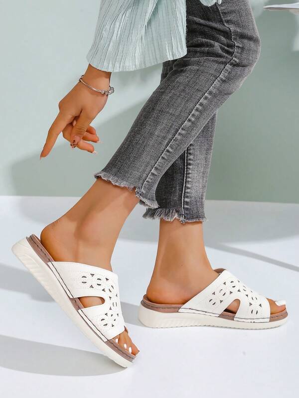 Women's Thick Sole Platform Sandals, Solid Color Vintage Embroidery Hollow-Out Minimalist Design