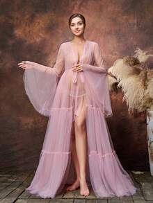 Faeriesty Váy bầu thanh lịch Dressalisa cổ chữ V sâu, tay dài, vải tuyn mỏng manh, thắt nơ eo và chân váy tuyn xẻ cao - Thiết kế nhẹ nhàng, thoáng mát cho tiệc mừng em bé, tiệc cưới và tiệc tối trang trọng - Hồng - Xem 4