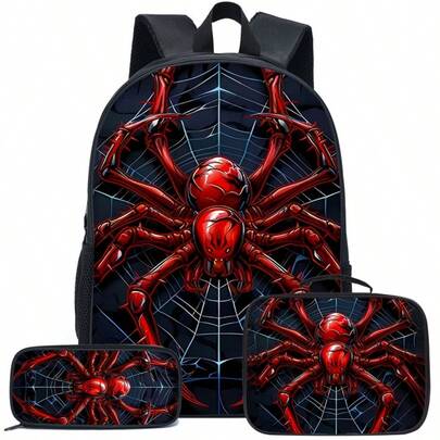 3 件套蓝色/紫色/红色/彩色主题背包套装，带午餐盒和铅笔盒和储物袋 - 耐用涤纶、轻便、时尚混色