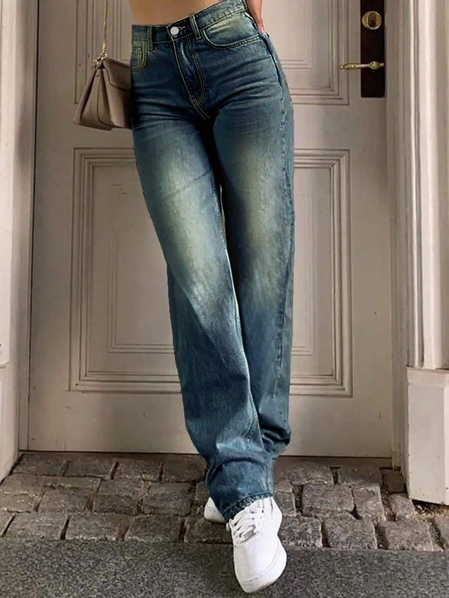 Women's Casual Slim Fit Washed Straight Leg Jeans, Spring/Autumn - Retro Blue - View 1