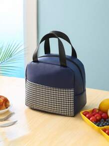 1pc Student Large Capacity Handheld Lunch Bag - Office Worker With Rice Insulation Bag - Portable PU Thousand Bird Grid Design, Thick Aluminum Foil, Easy To Carry, Keep Food Hot And Cold, Suitable For Outdoor Travel, Male And Female Styles, Non Contact With Food, Insulated Lunch Bag, Essential For Returning To School