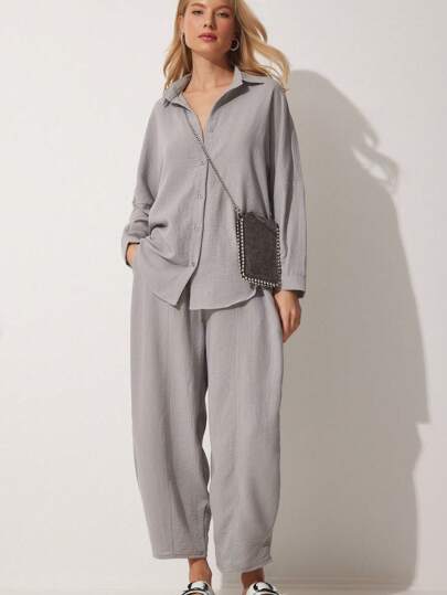 Women's Gray Linen Shirt Shalwar Trousers Set