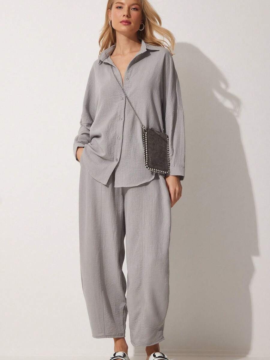 Women's Gray Linen Shirt Shalwar Trousers Set