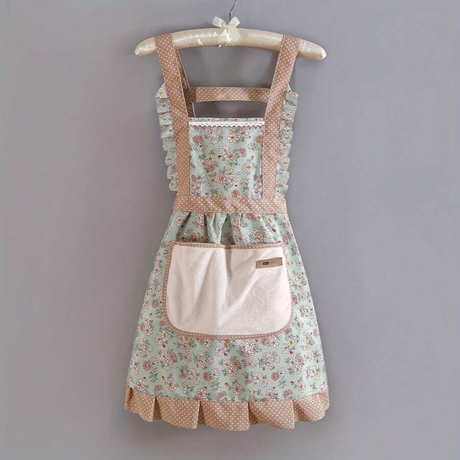 Waterproof Floral Design Canvas Apron - 1 Piece, Adjustable Shoulder Strap, Breathable Fabric, Perfect For Chefs And Waiters - màu xanh lá - Xem 1
