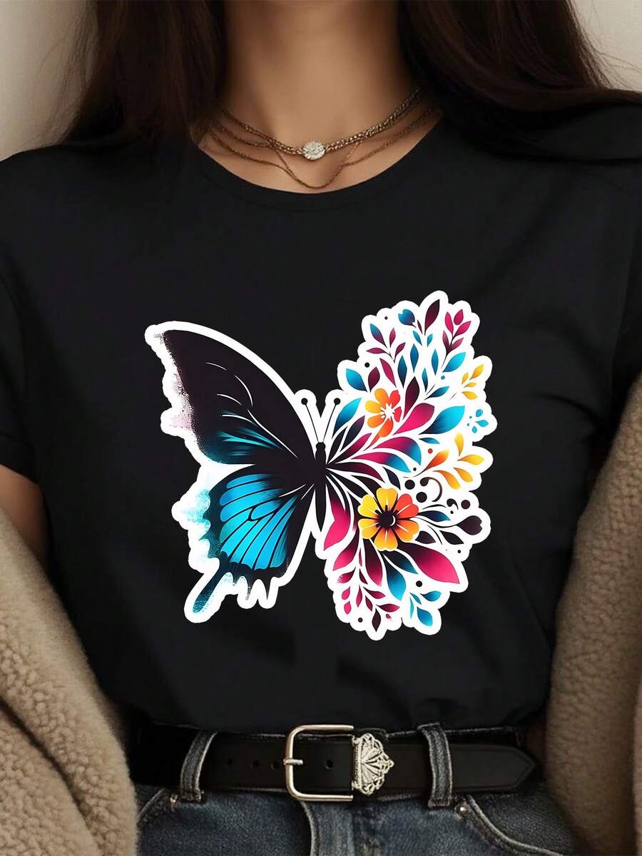 Ladies' T-Shirt, Summer Women's Fun Butterfly Print T-Shirt, Available In Black/White, Casual Round Neck T-Shirt, Suitable For Summer Vacation Tops.