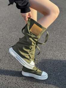 Fall/Winter Niche Design Graffiti Buckle High-Top Shoes Women 2025 Spring New Versatile Sneakers, Pantleg Piling-Up Short Boots - Green - View 2