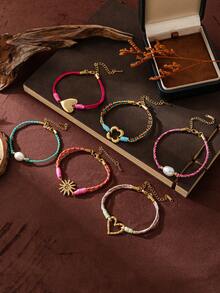 1 件夏季时尚精致不锈钢波西米亚爱情太阳四叶草多巴胺手链，展现魅力和个性化，适合女性日常穿衣装饰、海滩度假派对、音乐节。