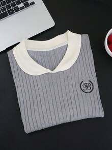 Women Sexy Peter Pan Collar Contrast Color Knit Sweater, New Fall/Winter Basic Pullover Sweaters With Embroidery - Grey - View 8