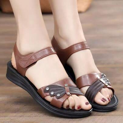 Sandalias de verano para mujer - unicolor casual, diseño con recortes respirables, cierre de , tacón plano, zapatos de playa, sandalias planas multifuncionales | Ajuste cómodo