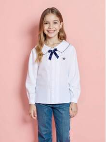 Tween Girl Casual School Style Embroidery Elegant Bow Lace Collar Long Sleeve White Blouse School Uniform, Spring Autumn - White - View 8
