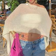 Summer Irregular Knitted Cover-Ups Crop Tops Mesh Poncho Womens Sheer Poncho Shrug Bolero Lightweight Summer Shrug Pullover Sweater Y2k Aesthetic Vintage Boho Beach Vacation Going Out Clothes - 黃色 - 查看 1