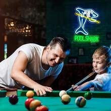 Polished Metal Finish Neon Sign - Pool Shark Billiards Game Room Wall Decor, USB Powered, Switch Controlled, Plastic, Azure & Green Light For Pub, Club, Garage – Multipurpose Hanging Neon Bar Light