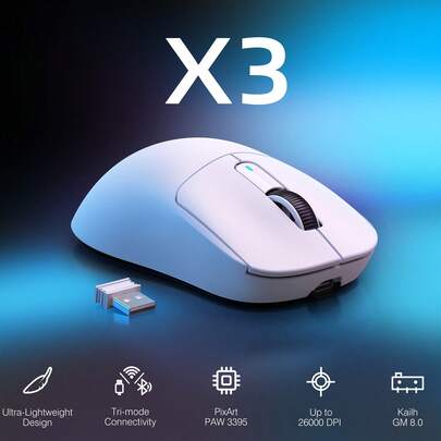 ATTACK SHARK X3 Mouse Gamer Sem Fio, Design Ergonômico de 49g, Conexão 3 em 1, Sensor Óptico PAW3395 26000 DPI, Bateria com Duração de 200h, Botões Programáveis, Acessório para PC/Notebook