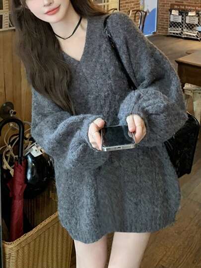 tonlion Tonlion Women's Casual Loose V-Neck Mid-Length Pullover Sweater, Autumn/Winter