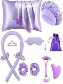 12件套睡眠美发造型工具套装，1个卷发棒，1个真丝枕套（呵护秀发和肌肤），真丝免加热卷发套装，隔夜卷发棒，1个柔软睡眠眼罩，1个双头滚轮按摩器，1个心形刮痧板，返校季必备，卷发器，卷发梳，卷发棒，卷发产品，卷发器，卷发产品 - 紫色 - 查看 11
