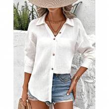 LUNE Solid Drop Shoulder Button Front Shirt,Long Sleeve Tops - White - View 6