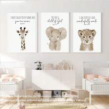 三件套手绘动物主题儿童房墙画 - 励志圣经经文印花，包含长颈鹿、大象和狮子图案，木框/帆布材质 - 婴儿房装饰、家居装饰、中性圣经经文、现代波西米亚风格儿童房装饰、迎婴派对装饰 - 彩色 - 查看 6