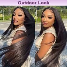 13x6/13x4 全蕾丝前假发，隐形高清蕾丝前假发，200% 密度混发，预先拔毛漂白发结，直发混发假发，女士款，26 英寸预先拔毛高清蕾丝前假发带婴儿发，自然黑假发 - 自然色&黑色系 - 查看 9