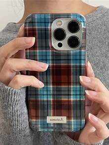 复古波浪格纹棕蓝色手机壳，兼容苹果17/11/12/13/14/15/16 Pro Max Plus，亮面秋冬手机壳 - 格紋 - 查看 3