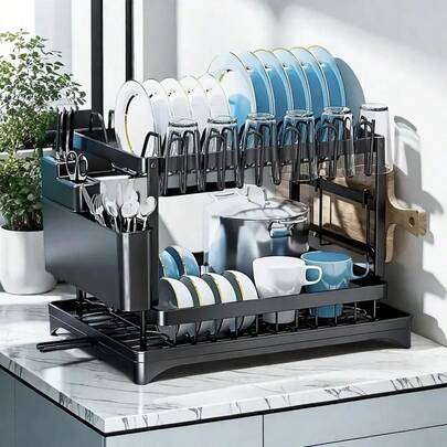 Estante para Platos de Metal Antioxidante de 2 Niveles con Bandeja Escurridora y Porta Utensilios - Organizador Ahorra Espacio para Secar y Almacenar Vajilla y Utensilios