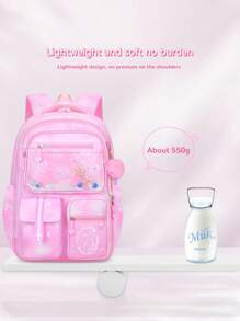 1 件套流沙公主印花背包，带可爱蝴蝶结，多口袋大容量，可调节肩带，拉链开合，涤纶衬里，防水材质，适合通勤、日常使用、返校礼物