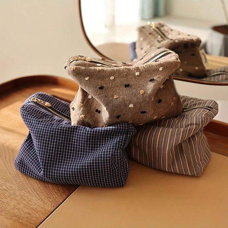 1个格子条纹化妆包 - 方形3D拉链旅行收纳包，女士便携式洗漱包（可加衬里/内胆收纳） - 彩色 - 查看 1