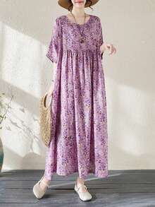 Topy, Letnia długa sukienka w kwiaty, Fioletowa sukienka, Czeska swobodna sukienka plażowa na wakacje, Damska sukienka w dużych rozmiarach, Letnia sukienka z okrągłym dekoltem i jednym rękawem 2025, Luźna duża plisowana sukienka, Losowy nadruk, Jedna sukienka