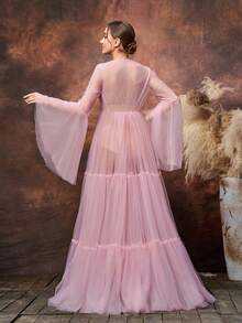 Faeriesty Váy bầu thanh lịch Dressalisa cổ chữ V sâu, tay dài, vải tuyn mỏng manh, thắt nơ eo và chân váy tuyn xẻ cao - Thiết kế nhẹ nhàng, thoáng mát cho tiệc mừng em bé, tiệc cưới và tiệc tối trang trọng - Hồng - Xem 2