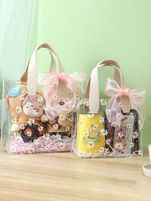 1/5pcs Large PVC Gift Bag (With Ribbon), Cute Daisy Pattern Gift Tote Bag, Small Daisy Portable Transparent Bridesmaid Gift Handbag, For Wedding Gift, Promotion, Small Business Use, Shopping Bag, Party Bag, Wedding Birthday Party Gift Bag, Craft Tote, Party Gift, Birthday Decor, Christmas, Valentine's Day