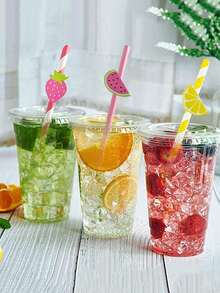 10pcs/Pack Lemon Fruit Printed Disposable Paper Drinking Straws, Cartoon Shape For Summer Party Beverage Decoration - Multicolor - View 3