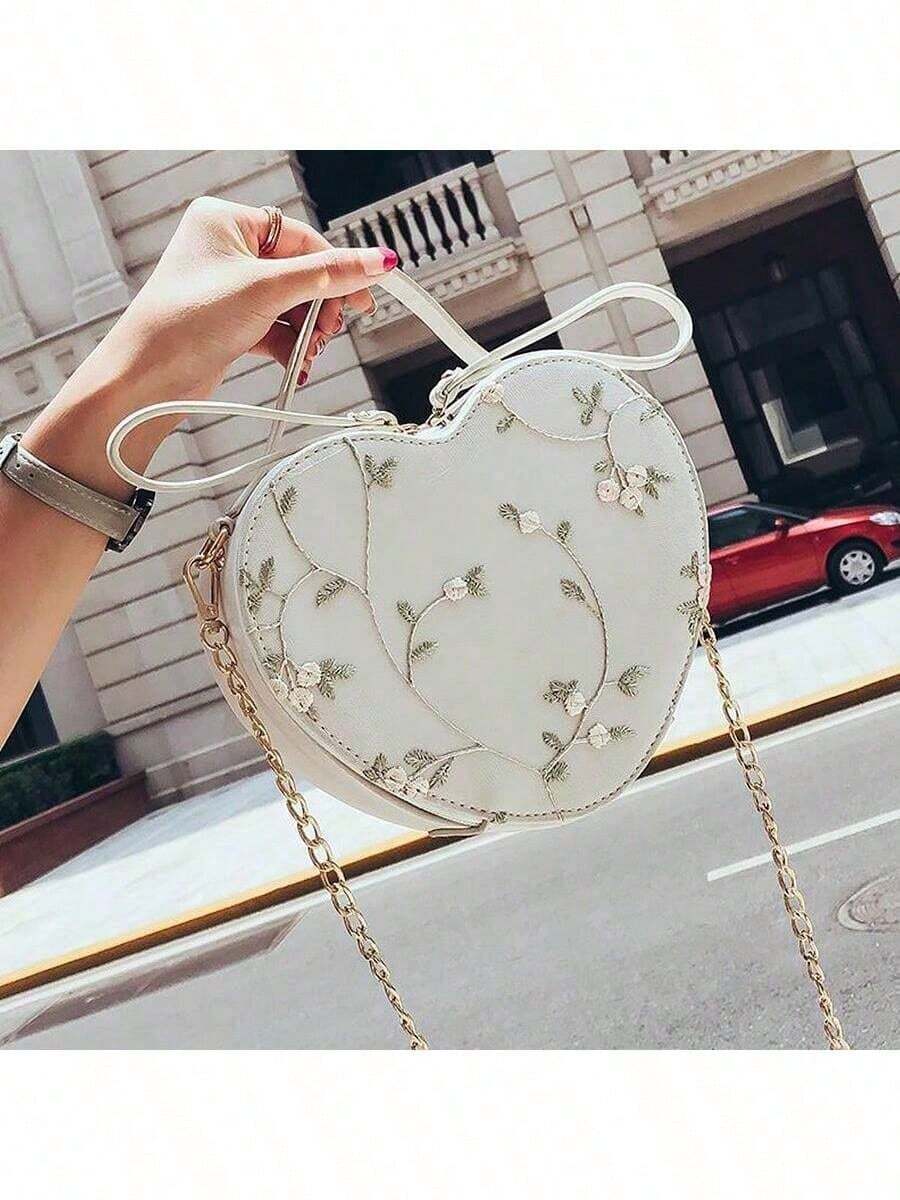 Lace Heart Shape Crossbody Bag, Ladylike Embroidered Shoulder Handbag , New Year - White - View 1
