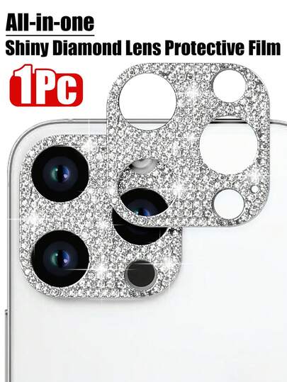 （1片装）一体式钻石相机镜头保护膜，适用于 16 Pro Max/16/16 Pro/16 Plus/15 Pro Max/15/15 Pro/15 Plus/14 Pro Max/14/14 Pro/14 Plus/13 Pro Max/13/13 Pro/12/11，闪亮相机镜头保护膜，3D闪光水晶钻石防水防刮闪亮圆点金属装饰贴纸，银色防水防震防指纹全覆盖