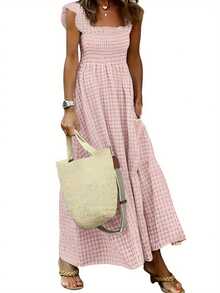 Women's Spaghetti Straps Smocked Maxi Dress Tiered Skirt Pleated Boho Summer Dress Long Beach Sundress - 粉紅色 - 查看 1