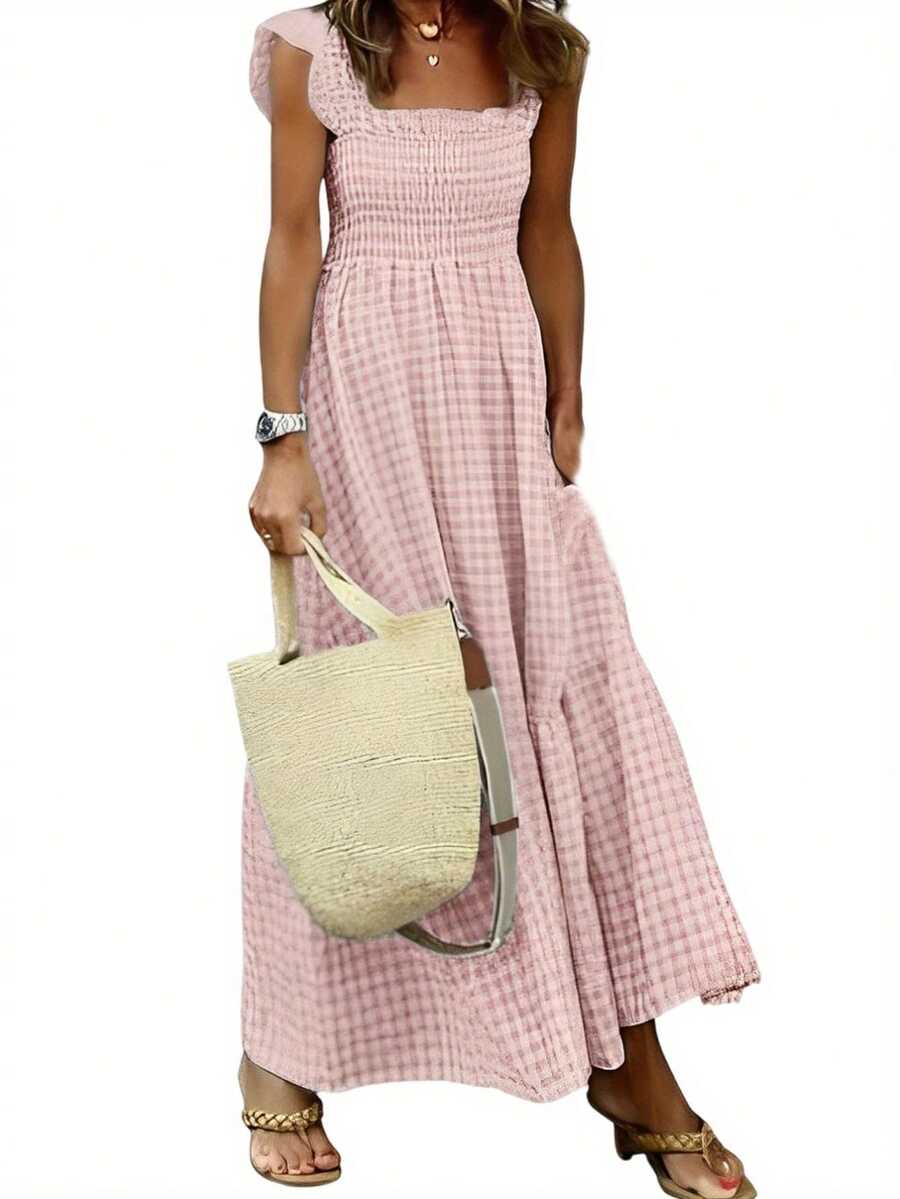 Women's Spaghetti Straps Smocked Maxi Dress Tiered Skirt Pleated Boho Summer Dress Long Beach Sundress - 粉紅色 - 查看 1