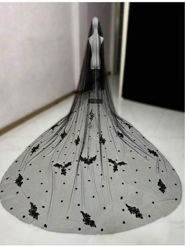 European & American Style Bridal Long Black Train Veil, Vintage Costume Prop Veil For Halloween