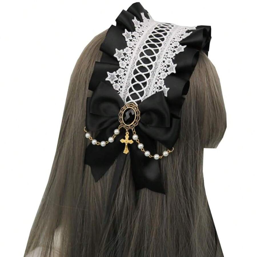 Gothic Lolita Headdress Maid Girls Lace Hair Accessories Cute Cosplay Headbands Sweet Hairpin Light Blue - màu đen - Xem 1