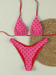 新款春夏性感休闲优雅女士粉色波点挂脖比基尼泳衣套装，适合海滩、度假、约会 - 彩色 - 查看 3