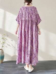Topy, Letnia długa sukienka w kwiaty, Fioletowa sukienka, Czeska swobodna sukienka plażowa na wakacje, Damska sukienka w dużych rozmiarach, Letnia sukienka z okrągłym dekoltem i jednym rękawem 2025, Luźna duża plisowana sukienka, Losowy nadruk, Jedna sukienka