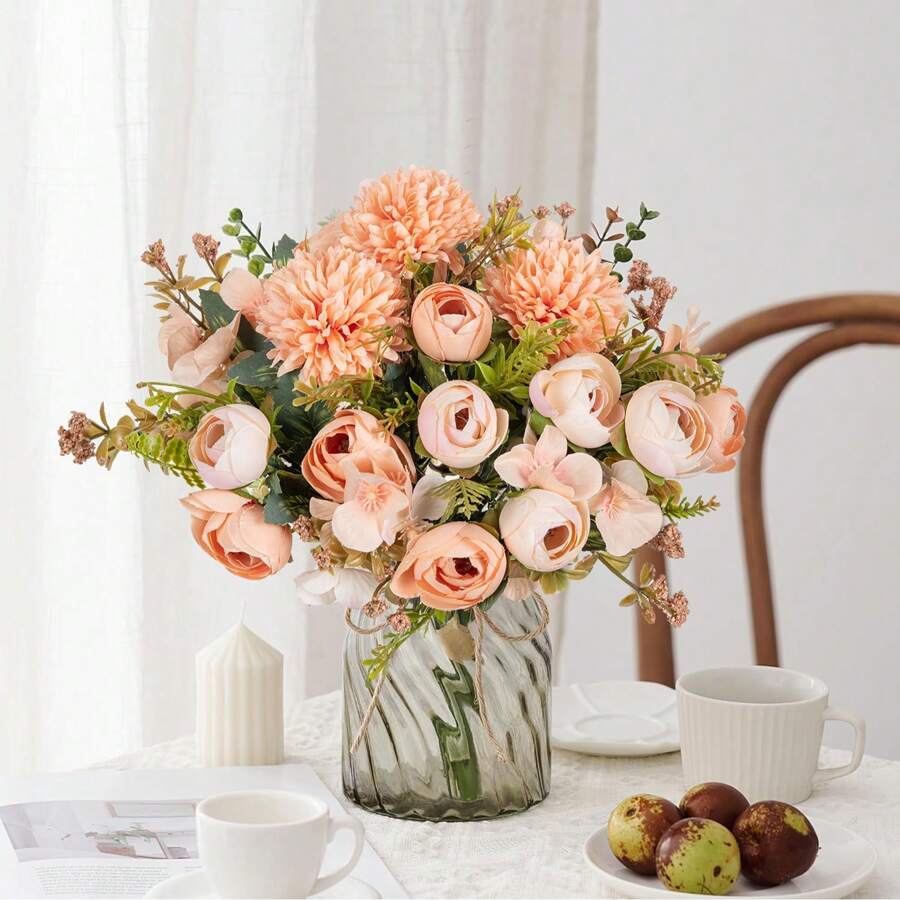 1PC 人造花丝绸茶玫瑰花束菊花塑料植物新娘花束情人节假植物婚礼装饰 DIY 花环材料，新娘手捧花装饰配件，婚车装饰，门楣拱门装饰，家居，餐厅，卧室，花瓶装饰，生日派对装饰材料新年礼物 - 香檳色 - 查看 1
