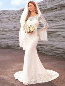 EVERPRETTY 荷葉袖及地蕾絲婚紗連衣裙