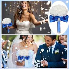 Jutom 6 Pack Wedding Bouquets Bride Roses Bridesmaid Bouquet Bridal Bouquet Flowers Wedding Hand Holding Bouquet With Soft Ribbons Engagement Bridal Shower Church Party (White) - Royal Blue - View 7