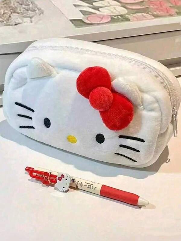 Sanrio 1 pieza Estuche de lápices con cremallera de gato Plush KT de Sanrio, adorable estuche de tela con peluche para artículos de papelería de estudiante, bolsa de almacenamiento de gran capacidad con diseño de Hello Kitty para volver a la escuela