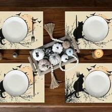 Juego de 1/2/4/6 individuales, estilo de gato negro de Halloween, con patrón de murciélago, tamaño 30x45 centímetros. Los individuales de poliéster de Halloween son adecuados para cocinas/manteles resistentes al calor del hogar, fáciles de limpiar y son accesorios ideales para mesas de cocina del hogar. Son adecuados para reuniones familiares y ocasiones interiores y son la mejor opción para la decoración de Halloween.